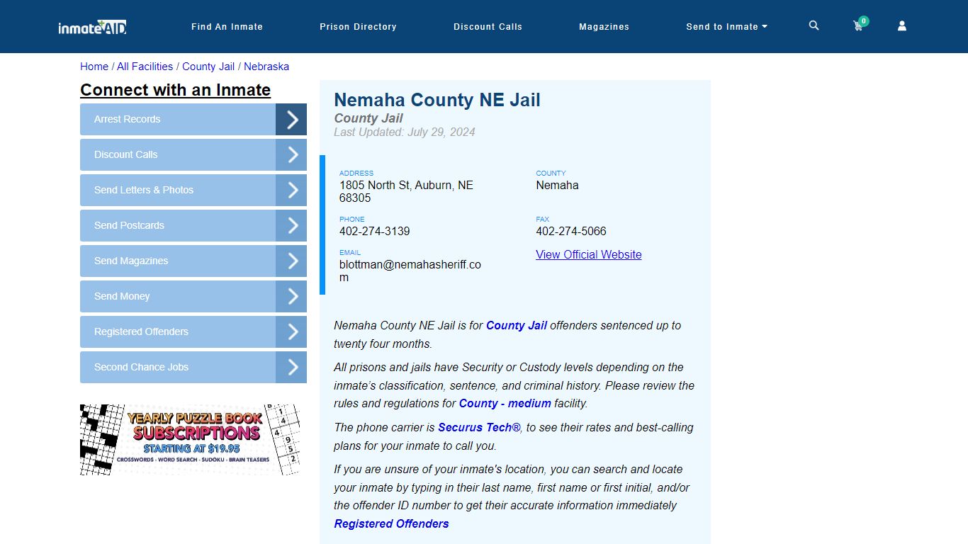 Nemaha County NE Jail - Inmate Locator